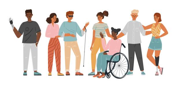DEFICIENTES Volunteers helping people with disabilities. Diversity cocenpt vector illustration. Group of people with special needs, wheelchair, prosthesis.